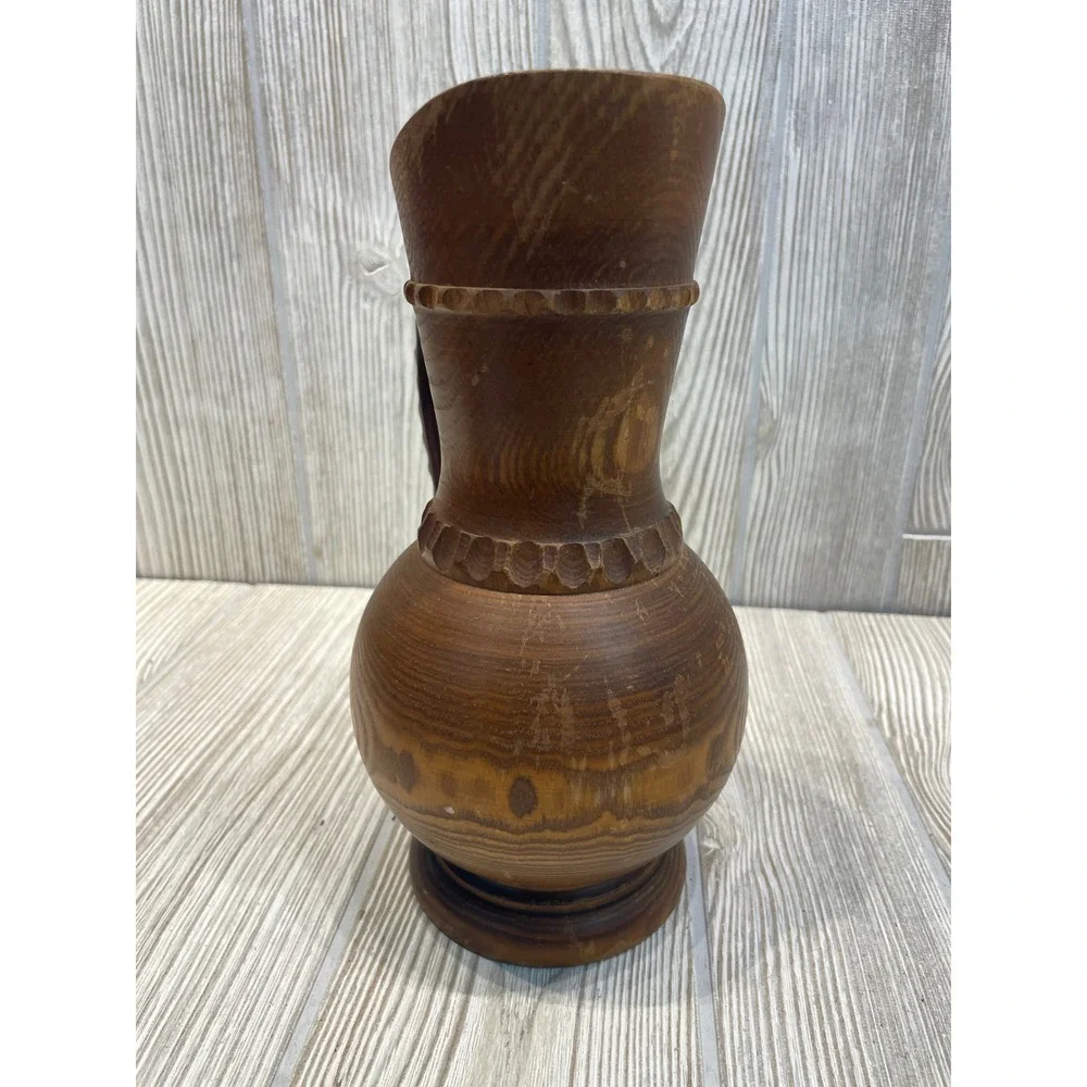 Dobin Brienz Hand Carved Wooden Pitcher Vintage Swiss Folk Art Wood Vase 10in
